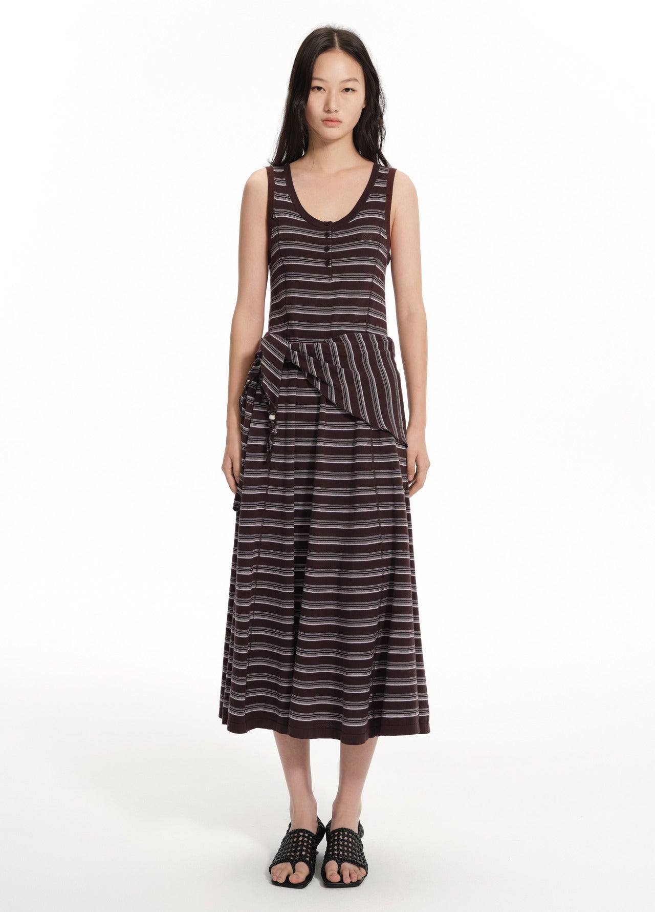 striped knit maxi dress Striped U-Neck Knit Maxi Dress M / Coffee