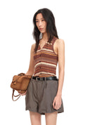 Brown Striped Buttoned Knit Top