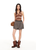 Brown Striped Buttoned Knit Top
