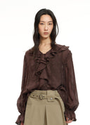 Embroidered Ruffle Collar Ramie Blend Blouse