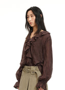 Embroidered Ruffle Collar Ramie Blend Blouse