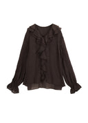 Embroidered Ruffle Collar Ramie Blend Blouse