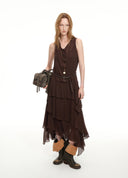 Dark Brown Ruffled Sleeveless Maxi Dress