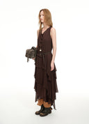 Dark Brown Ruffled Sleeveless Maxi Dress