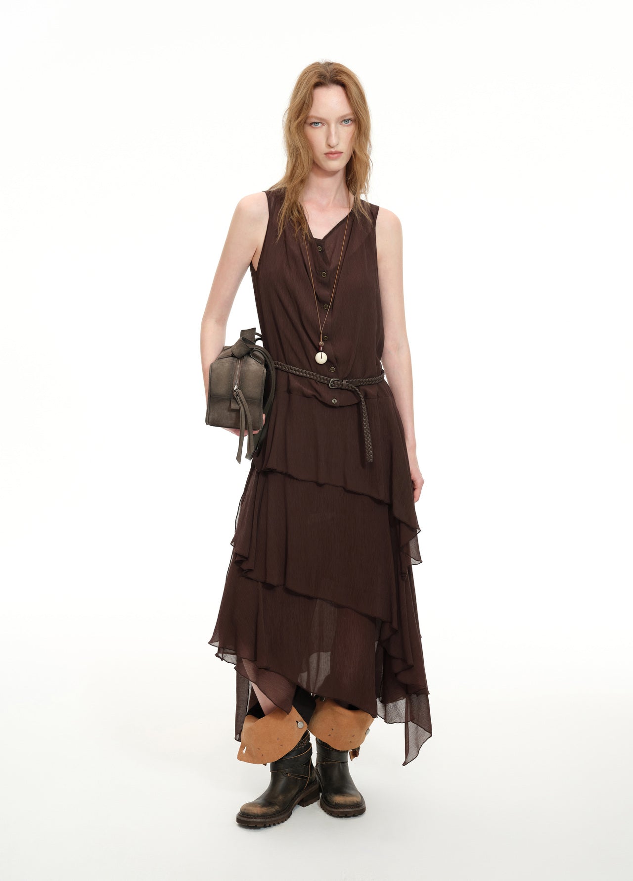 Dark Brown Ruffled Sleeveless Maxi Dress – AVVENN