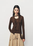 Brown Ruffle Tie Collar Knit Pullover