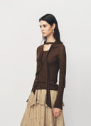 Brown Ruffle Tie Collar Knit Pullover