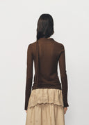 Brown Ruffle Tie Collar Knit Pullover