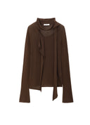 Brown Ruffle Tie Collar Knit Pullover
