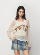 Beige Floral Embroidered Openwork Knit Top