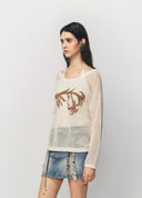 Beige Floral Embroidered Openwork Knit Top