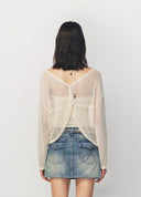 Beige Floral Embroidered Openwork Knit Top