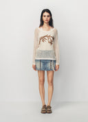 Beige Floral Embroidered Openwork Knit Top