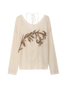 Beige Floral Embroidered Openwork Knit Top
