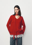 Red Lace-Trim Tie-Detail Knit Sweater