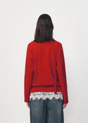 Red Lace-Trim Tie-Detail Knit Sweater
