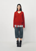 Red Lace-Trim Tie-Detail Knit Sweater