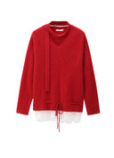 Red Lace-Trim Tie-Detail Knit Sweater