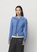 Blue Ruffle Edge Patchwork Knit Cropped Cardigan