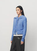 Blue Ruffle Edge Patchwork Knit Cropped Cardigan