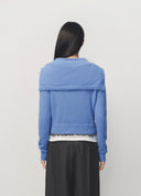 Blue Ruffle Edge Patchwork Knit Cropped Cardigan