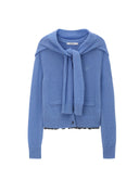 Blue Ruffle Edge Patchwork Knit Cropped Cardigan