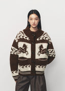 Brown Little Bamboo Horse Graphic Chunky Knit Cardigan Jacket