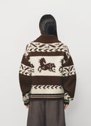 Brown Little Bamboo Horse Graphic Chunky Knit Cardigan Jacket