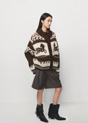 Brown Little Bamboo Horse Graphic Chunky Knit Cardigan Jacket
