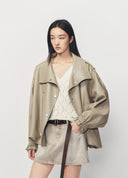 Light Khaki Eco Leather Oversized Cropped Jacket