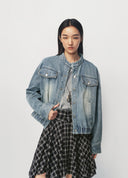 Vintage Washed Crewneck Cropped Denim Jacket