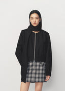 Pure Black Ribbon Tie Collar Zip Up Cropped Jacket