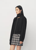 Pure Black Ribbon Tie Collar Zip Up Cropped Jacket