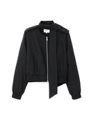 Pure Black Ribbon Tie Collar Zip Up Cropped Jacket