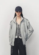 Grey Drawstring Waist Stand Collar Oversized Sweatshirt Jacket