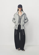 Grey Drawstring Waist Stand Collar Oversized Sweatshirt Jacket