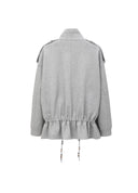Grey Drawstring Waist Stand Collar Oversized Sweatshirt Jacket