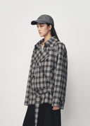 Black Grey Large Plaid Short Trench Jacket