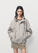 Light Grey Drawstring Collar Double Zip Jacket