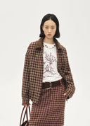 Casual Leather-Collar Fine Check Jacket