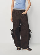 Dark Brown Openwork Embroidered Large Pocket Wide Leg Pants