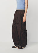 Dark Brown Openwork Embroidered Large Pocket Wide Leg Pants