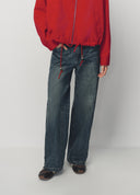 Blue Washed Whiskered Slight Wide Leg Denim Jeans