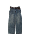 Blue Washed Whiskered Slight Wide Leg Denim Jeans