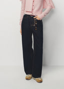 Dark Blue Little Bamboo Horse Belted Wide-Leg Denim Pants
