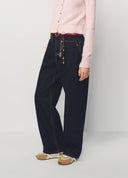 Dark Blue Little Bamboo Horse Belted Wide-Leg Denim Pants