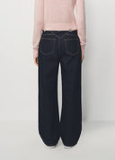 Dark Blue Little Bamboo Horse Belted Wide-Leg Denim Pants