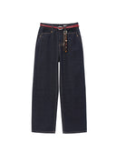 Dark Blue Little Bamboo Horse Belted Wide-Leg Denim Pants