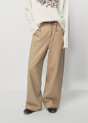 Khaki High-Waist Wide-Leg Denim Pants with Red Belt