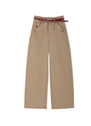 Khaki High-Waist Wide-Leg Denim Pants with Red Belt